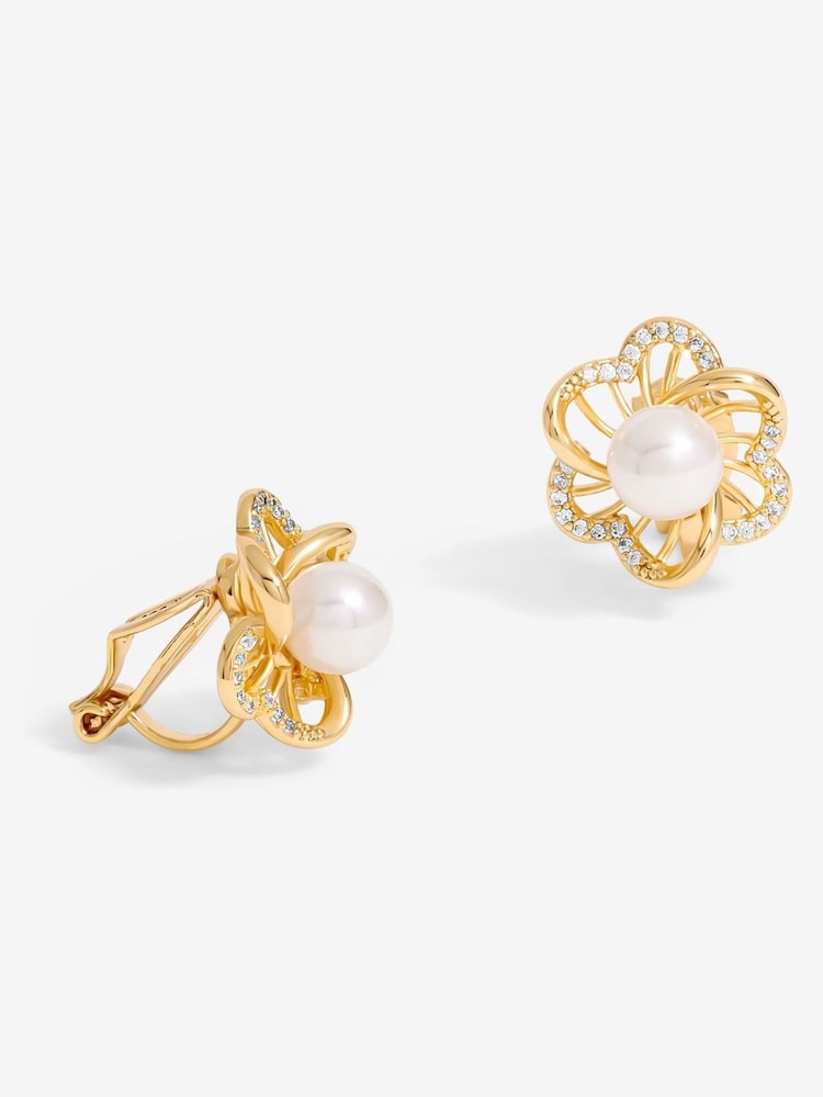 Jon Richard Gold Tone Cubic Zirconia Pearl Flower Clip Earrings - Image 1 of 3