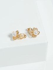 Jon Richard Gold Tone Cubic Zirconia Pearl Flower Clip Earrings - Image 2 of 3