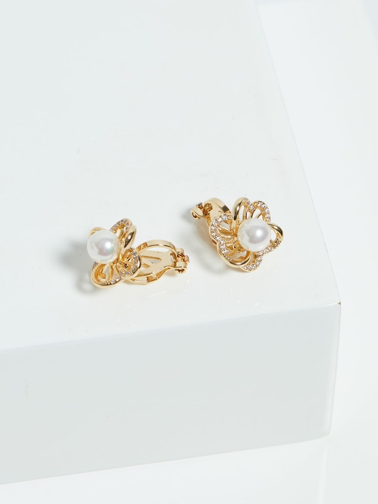 Jon Richard Gold Tone Cubic Zirconia Pearl Flower Clip Earrings - Image 2 of 3