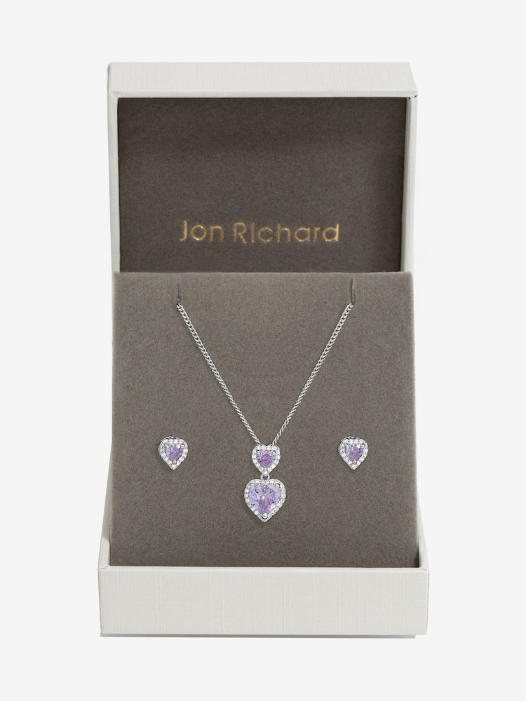 Jon Richard Silver Tone Cubic Zirconia Lavender Halo Double Heart Set - Image 1 of 2