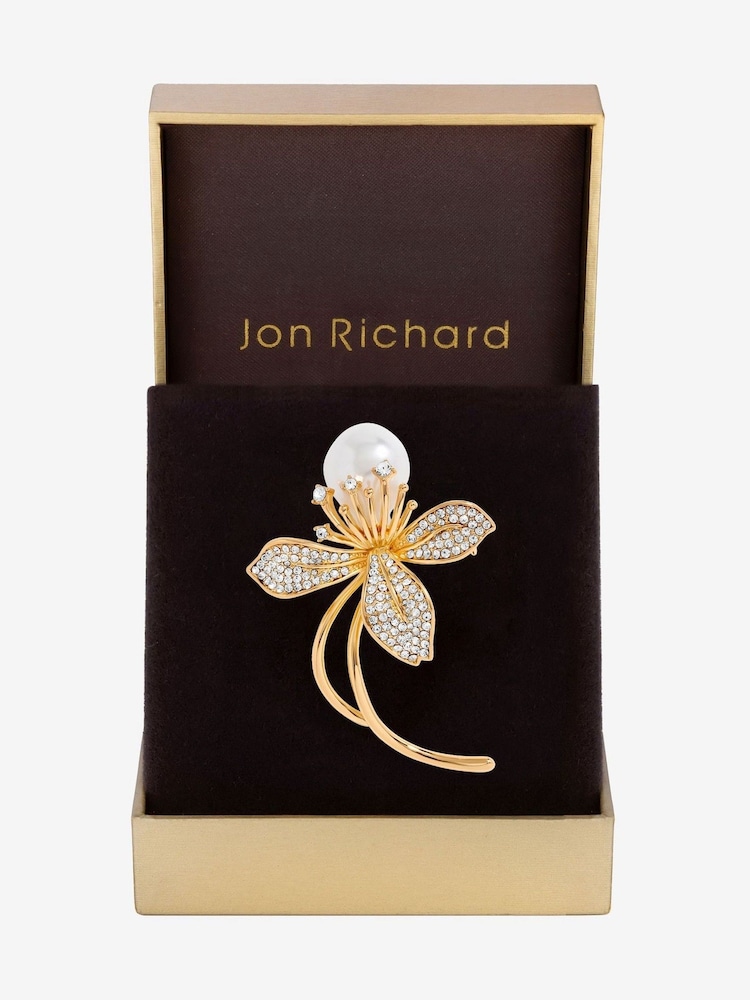 Jon Richard Gold Tone Crystal Pearl Floral Print Brooch - Image 1 of 2