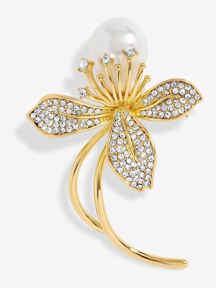 Jon Richard Gold Tone Crystal Pearl Floral Print Brooch - Image 2 of 2