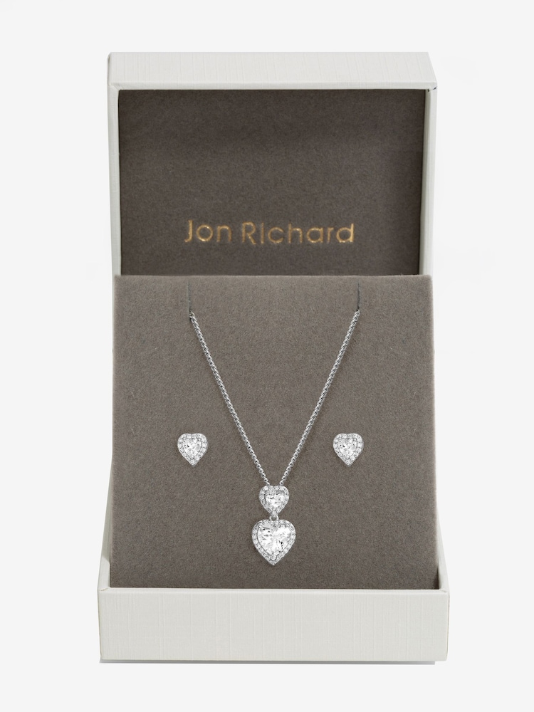 Jon Richard Silver Tone Cubic Zirconia Halo Double Heart Set - Image 1 of 4