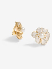 Jon Richard Gold Tone White Floral Print Clip Earrings - Image 1 of 3