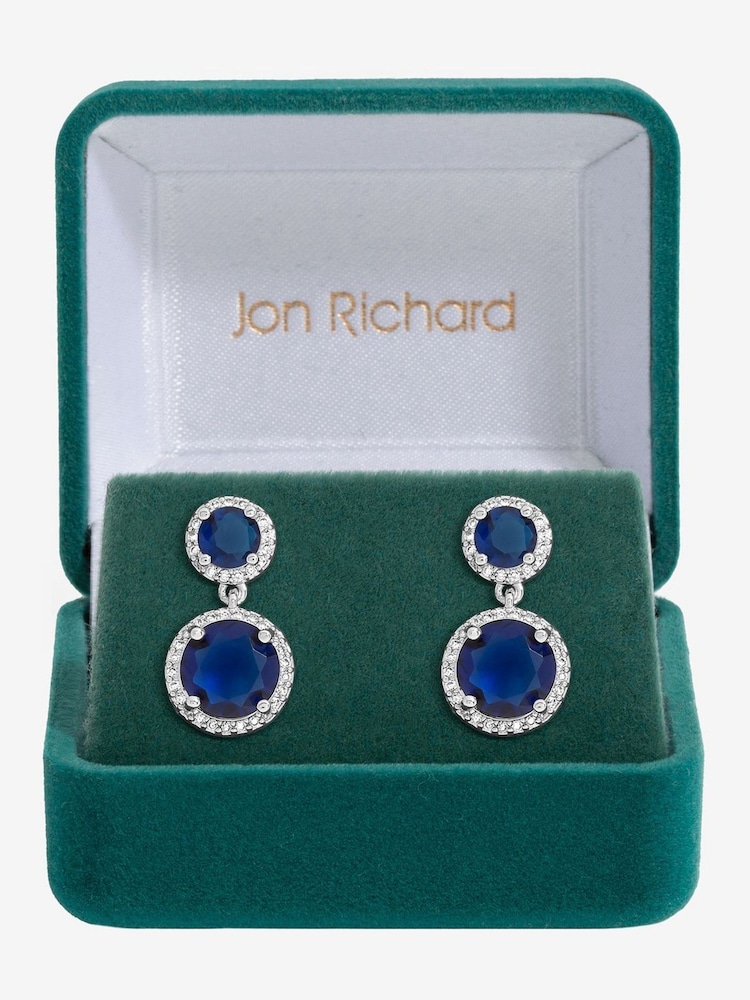 Jon Richard Silver Tone Sapphire Double Halo Earrings - Image 1 of 4
