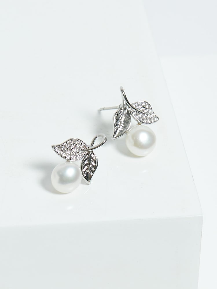 Jon Richard Silver Tone Leaf Cubic Zirconia And Pearl Earrings - Image 1 of 4
