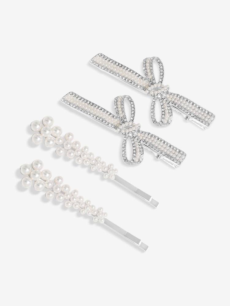 Jon Richard Silver Pearl Bow And Floral Hair Slides Pack Of 4 - Image 1 of 2