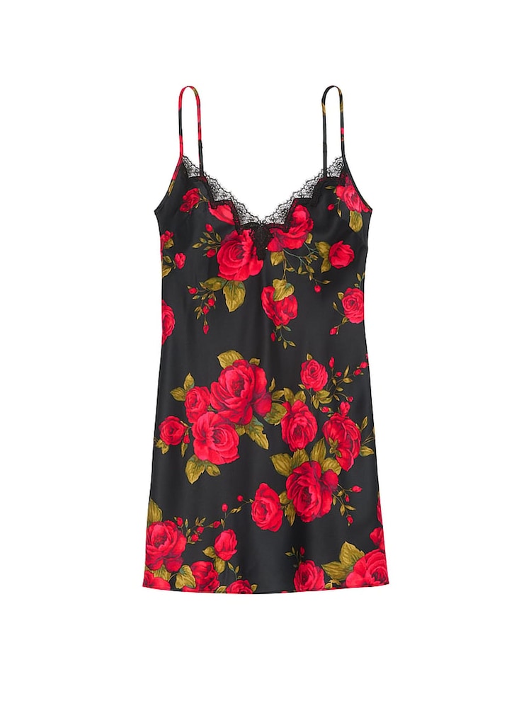 Victoria's Secret Black Glamorous Rose Satin Lace Trim Slip Dress - Image 3 of 3