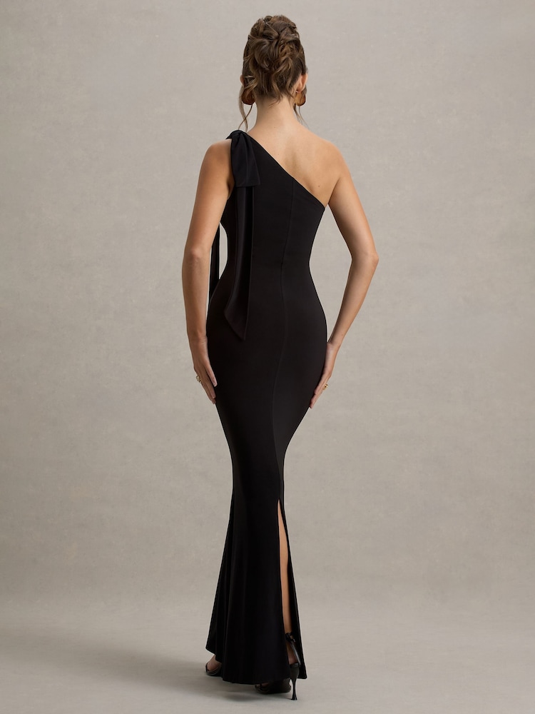 Club L London Black Donata Asymmetric Maxi Dress With Bow Strap - Image 2 of 7