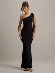 Club L London Black Donata Asymmetric Maxi Dress With Bow Strap - Image 3 of 7