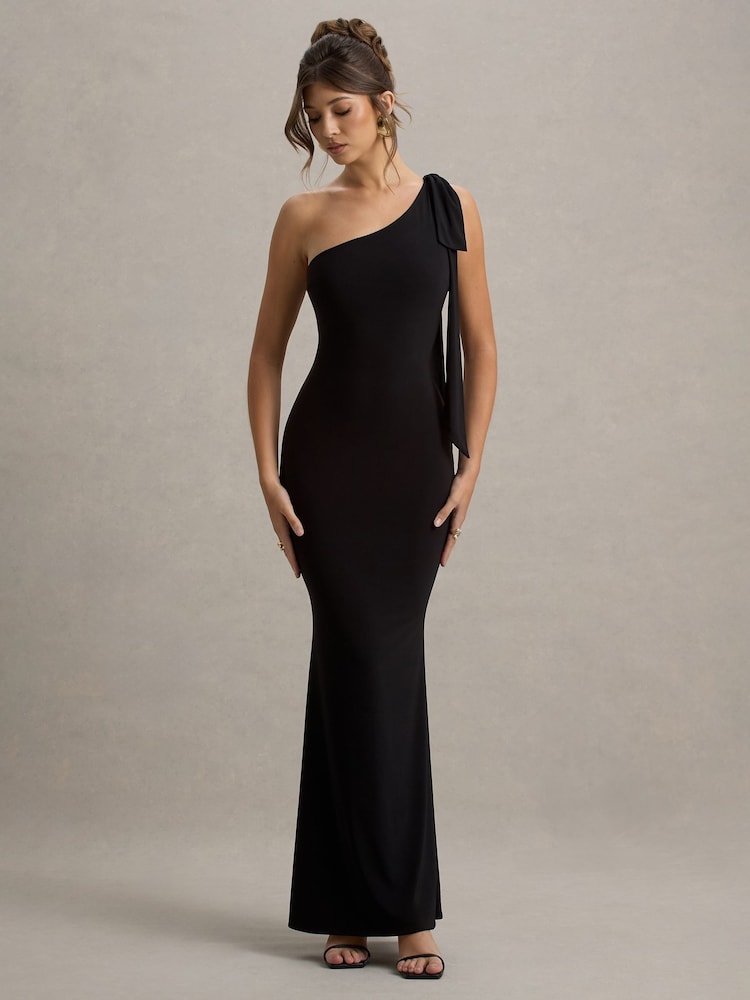 Club L London Black Donata Asymmetric Maxi Dress With Bow Strap - Image 4 of 7