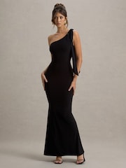 Club L London Black Donata Asymmetric Maxi Dress With Bow Strap - Image 6 of 7