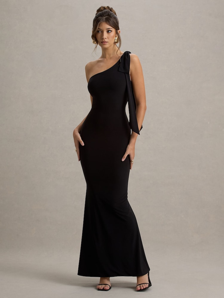 Club L London Black Donata Asymmetric Maxi Dress With Bow Strap - Image 6 of 7