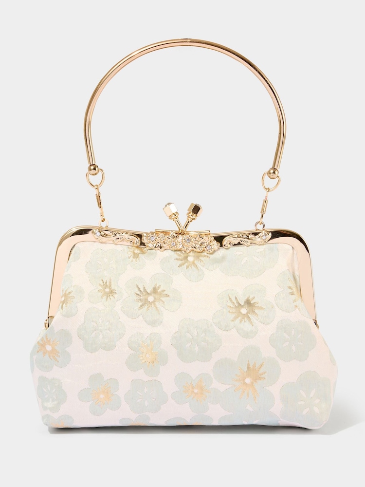Joe Browns Gold Jacquard Floral Print Kiss Lock Bag - Image 1 of 4