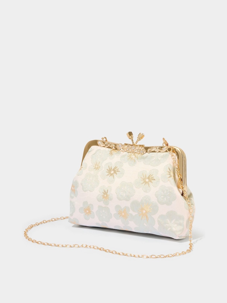Joe Browns Gold Jacquard Floral Print Kiss Lock Bag - Image 2 of 4