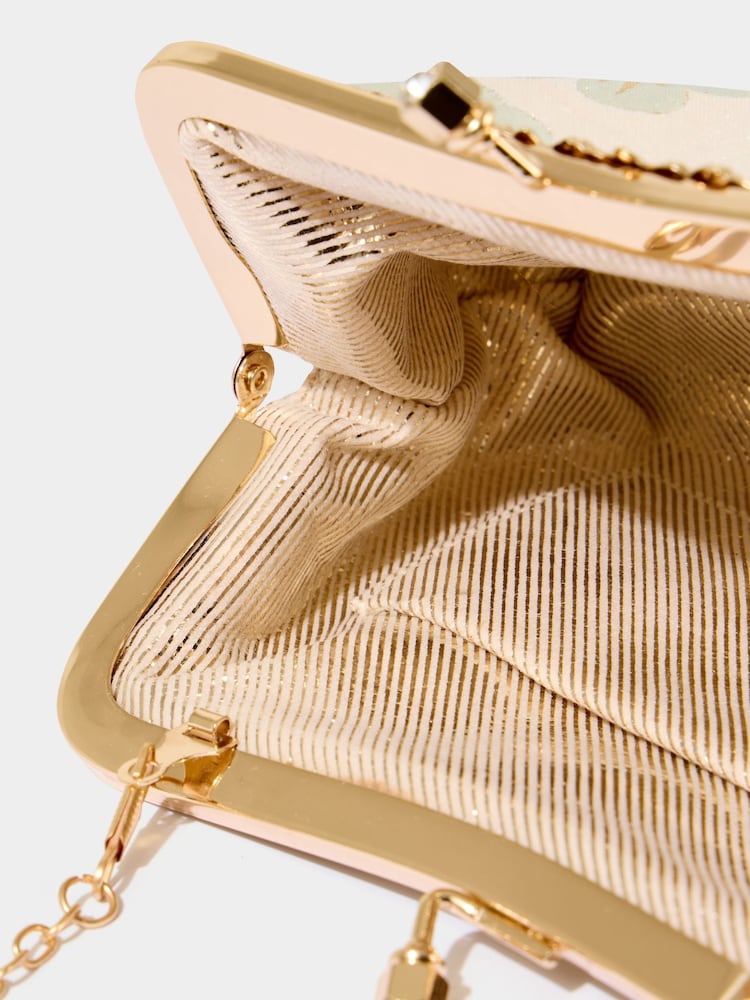 Joe Browns Gold Jacquard Floral Print Kiss Lock Bag - Image 4 of 4