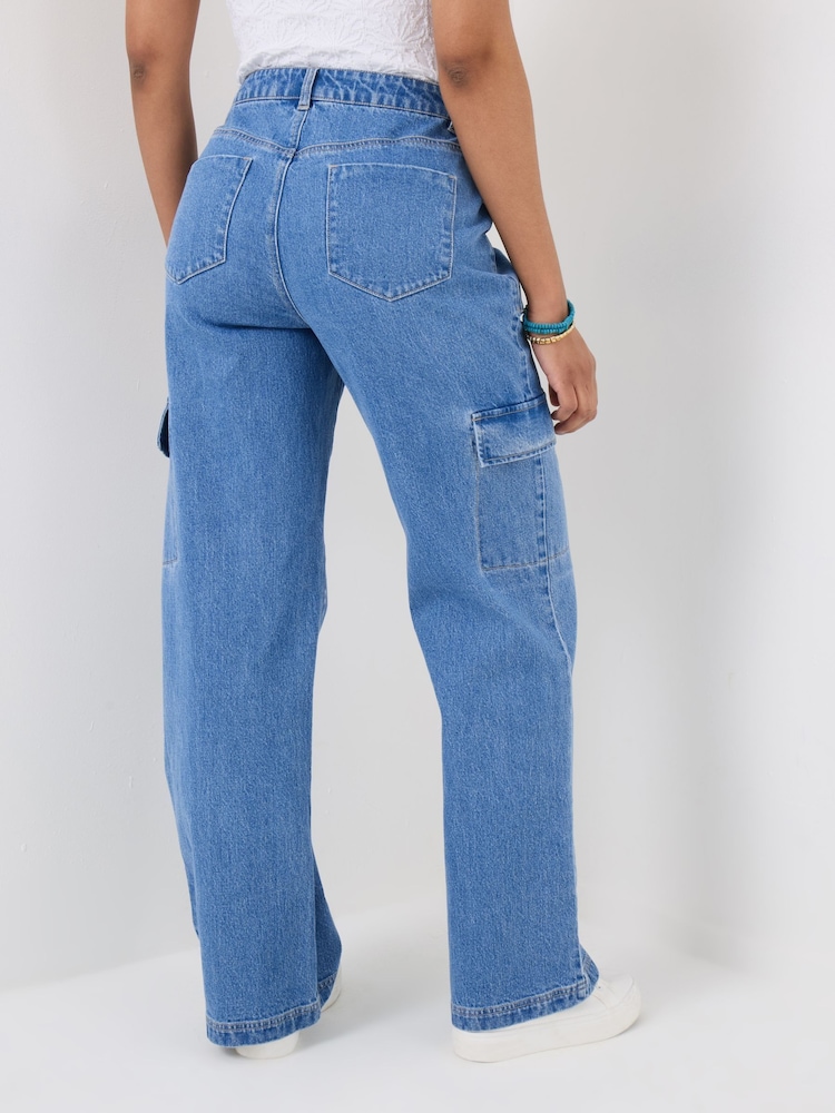 Joe Browns Blue High-Waisted Denim Cargo Trousers - Image 4 of 5