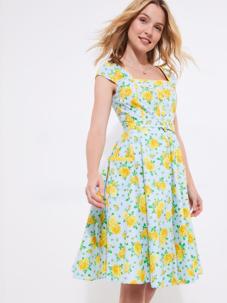 Joe Browns Blue Belted Floral Print Knee 100% Cotton Dress - Image 1 of 5