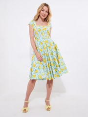 Joe Browns Blue Belted Floral Print Knee 100% Cotton Dress - Image 3 of 5