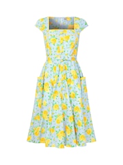 Joe Browns Blue Belted Floral Print Knee 100% Cotton Dress - Image 5 of 5