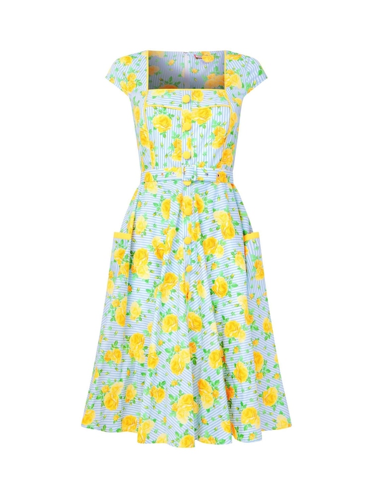 Joe Browns Blue Belted Floral Print Knee 100% Cotton Dress - Image 5 of 5