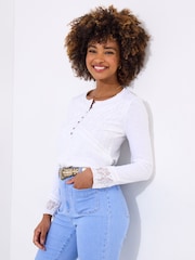 Joe Browns White Lace Panel Button Down 100% Cotton Jersey Top - Image 1 of 5