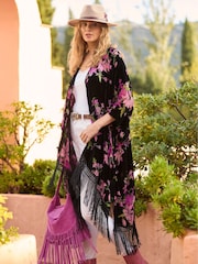 Joe Browns Black Dark Floral Print Fringe Kimono Cover-Up - Image 1 of 4