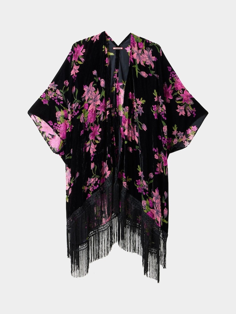 Joe Browns Black Dark Floral Print Fringe Kimono Cover-Up - Image 2 of 4