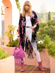 Joe Browns Black Dark Floral Print Fringe Kimono Cover-Up - Image 3 of 4