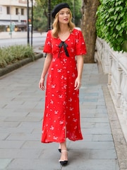 Joe Browns Red Puff Sleeve Floral Print Maxi Dress - Image 2 of 7