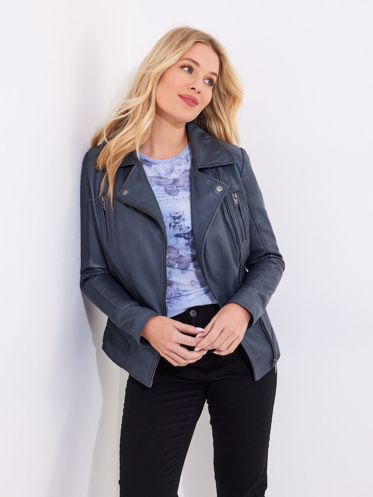 Joe Browns Blue Edgy Collared Biker Jacket - Image 1 of 5 Joe Browns Blue Edgy Collared Biker Jacket - Image 1 of 5