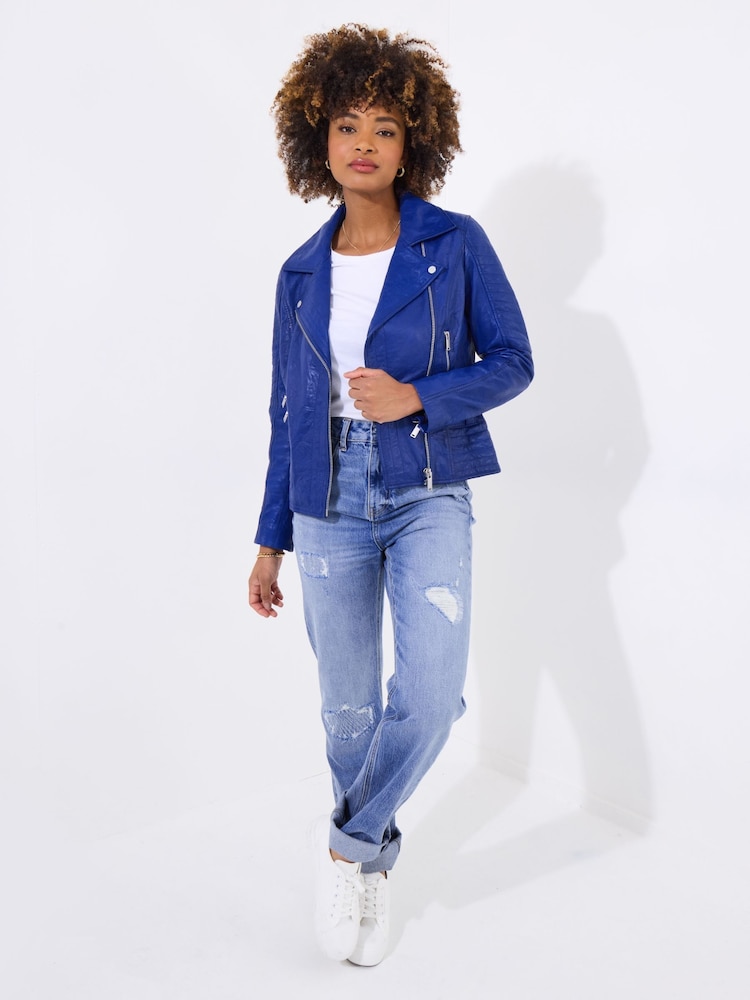 Joe Browns Blue Double Zip Leather Biker Jacket - Image 3 of 7
