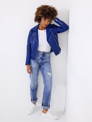 Joe Browns Blue Double Zip Leather Biker Jacket - Image 4 of 7