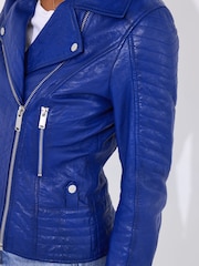 Joe Browns Blue Double Zip Leather Biker Jacket - Image 6 of 7