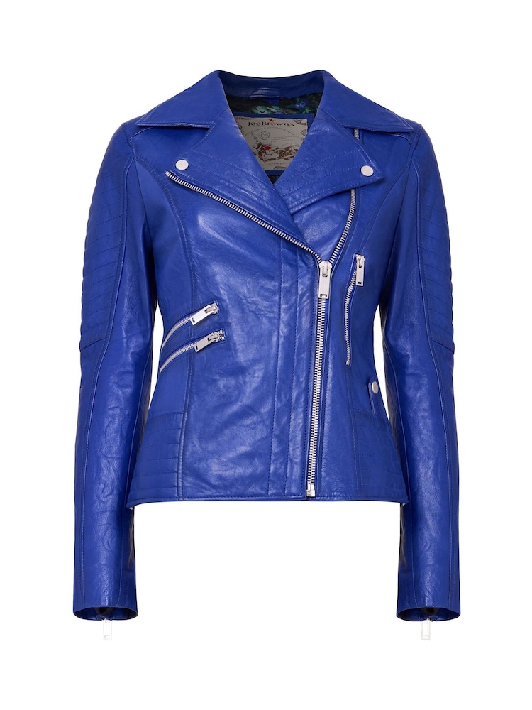 Joe Browns Blue Double Zip Leather Biker Jacket - Image 7 of 7