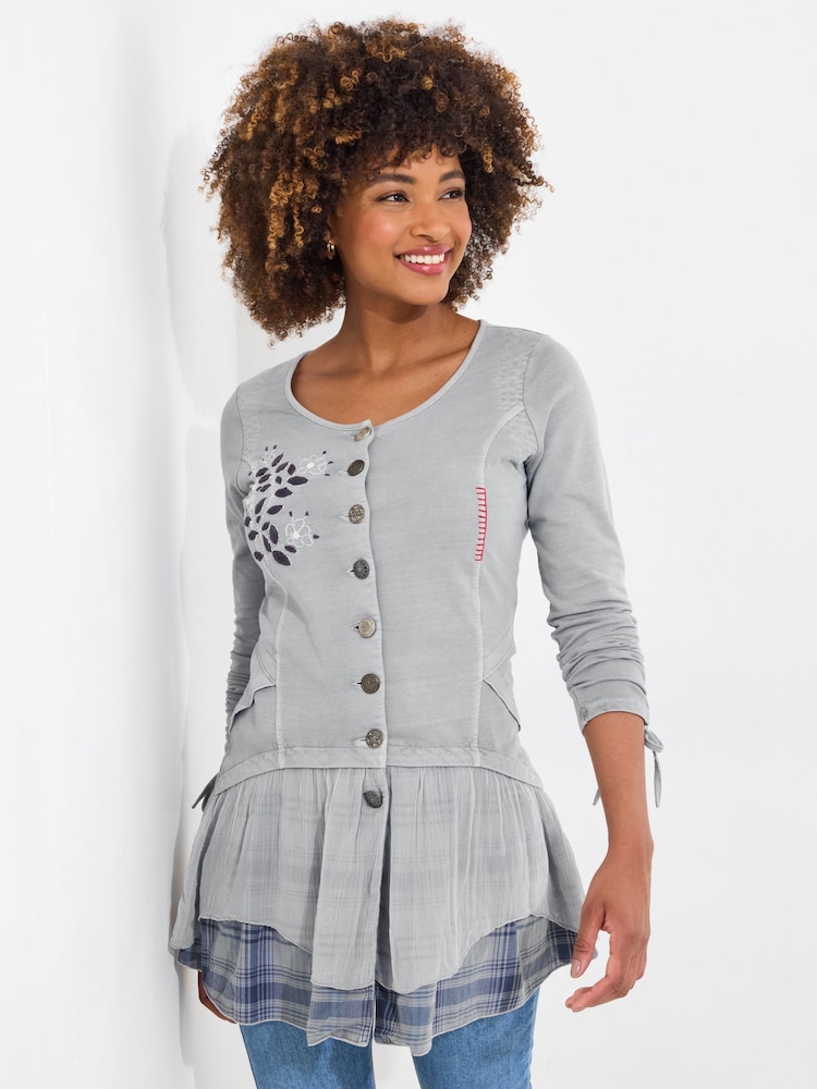 Joe Browns Grey Embroidered Check Hem 100% Cotton Tunic - Image 1 of 5