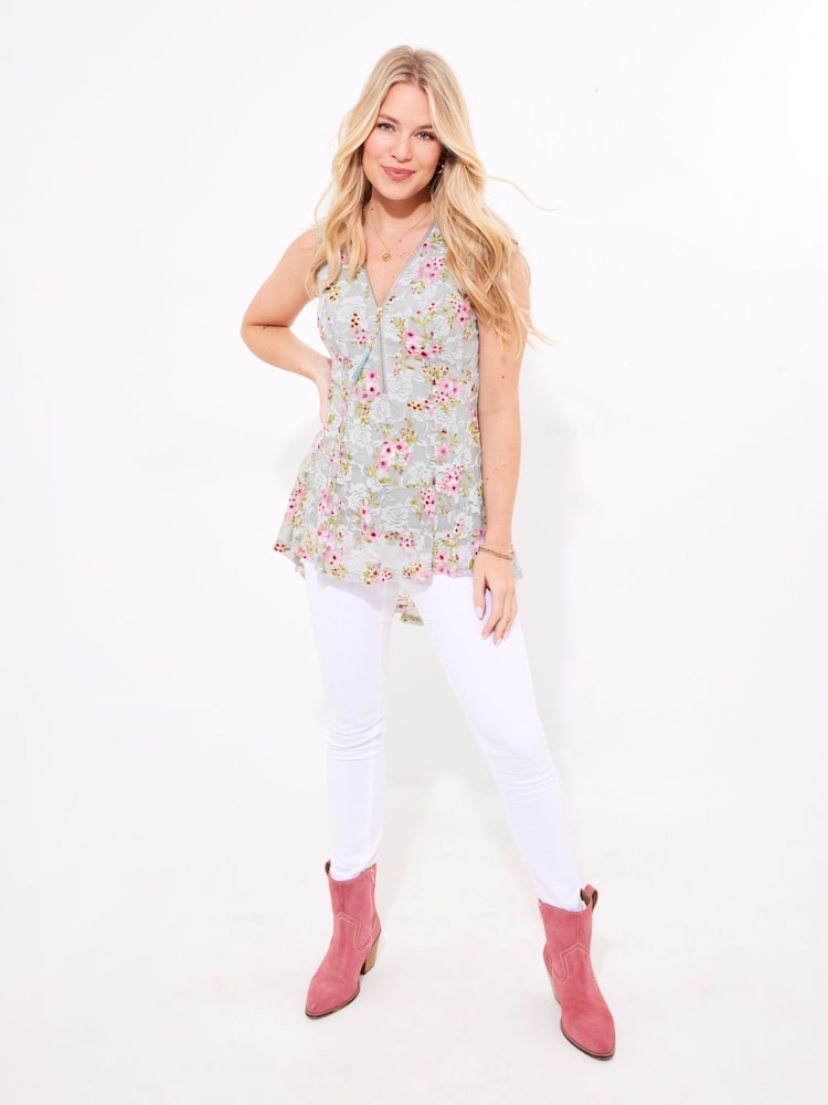 Joe Browns Green Lace Zip Neck Floral Sleeveless Tunics Top - Image 2 of 5