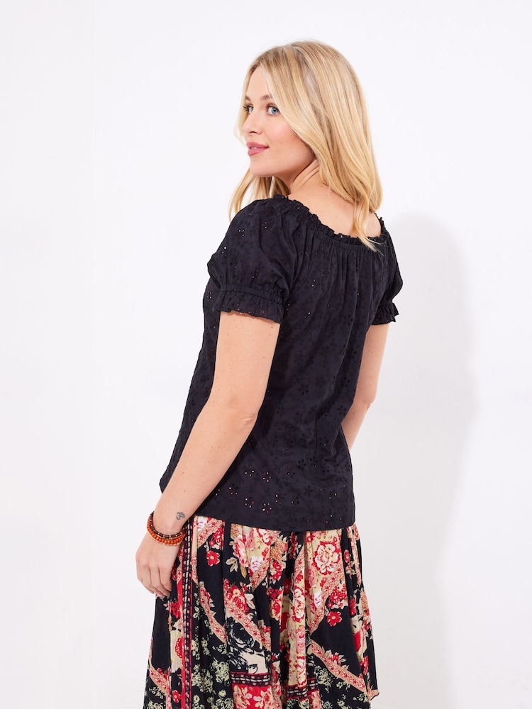 Joe Browns Black Broderie Short Sleeve 100% Cotton Top - Image 4 of 5