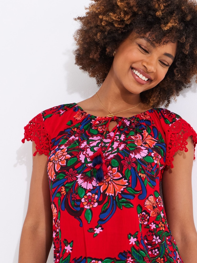 Joe Browns Red Lace Sleeve Tassel Top - Image 3 of 5