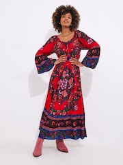 Joe Browns Red Boho Print Shirred Waist Maxi Dress - Image 1 of 5