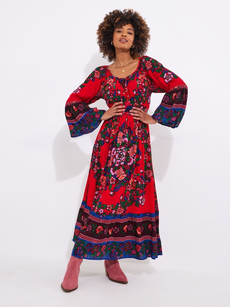 Joe Browns Red Boho Print Shirred Waist Maxi Dress - Image 1 of 5