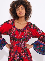 Joe Browns Red Boho Print Shirred Waist Maxi Dress - Image 4 of 5