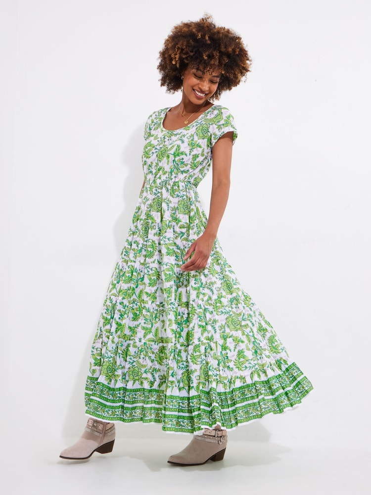Joe Browns Green Botanical Full Skirt Crinkle 100% Cotton Maxi Dress - Image 2 of 5