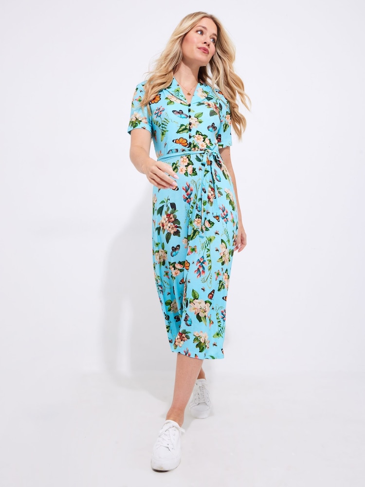 joe browns butterfly dress Linen Midi Dress in Navy and Cream Check
