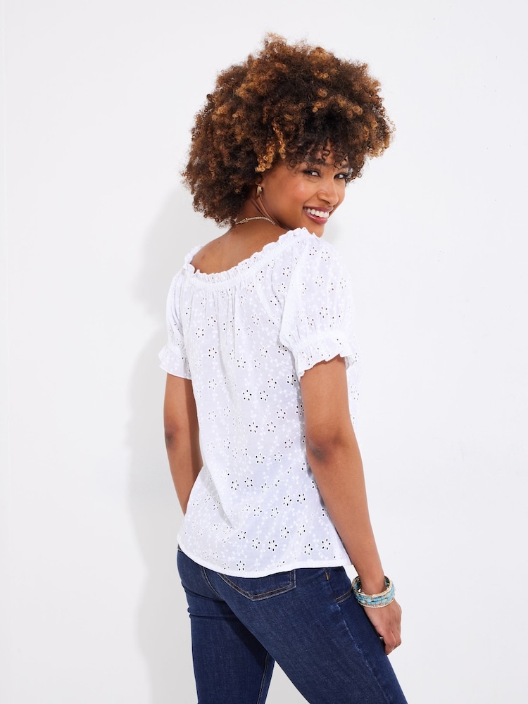 Joe Browns White Broderie Short Sleeve 100% Cotton Top - Image 4 of 5