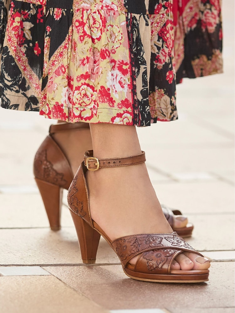 Joe Browns Brown Floral Print Embossed Leather Heels - Image 2 of 7