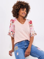 Joe Browns Pink Floral Print Broderie Sleeve 100% Cotton Jersey Top - Image 1 of 5