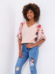 Joe Browns Pink Floral Print Broderie Sleeve 100% Cotton Jersey Top - Image 3 of 5
