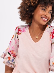 Joe Browns Pink Floral Print Broderie Sleeve 100% Cotton Jersey Top - Image 4 of 5