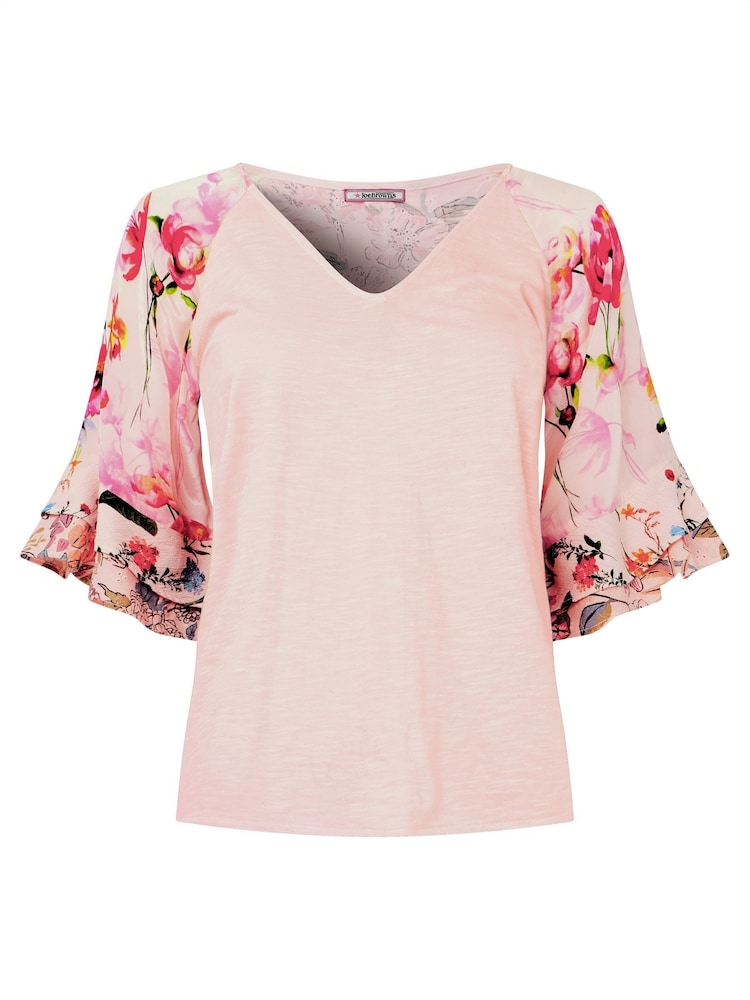 Joe Browns Pink Floral Print Broderie Sleeve 100% Cotton Jersey Top - Image 5 of 5